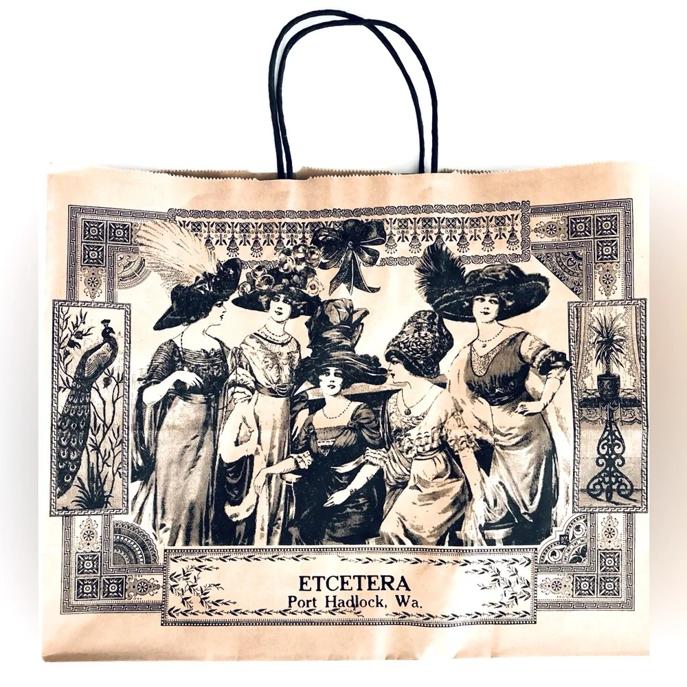 Victorian fashion lithograph Paper gift bags stiff handles Natural Black 16x13x6